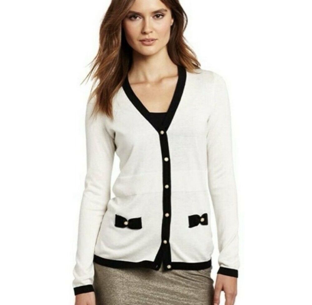 Lilly Pulitzer Silk Cotton Cardigan XS Ivory Black Pearl Bow Classic Old Money